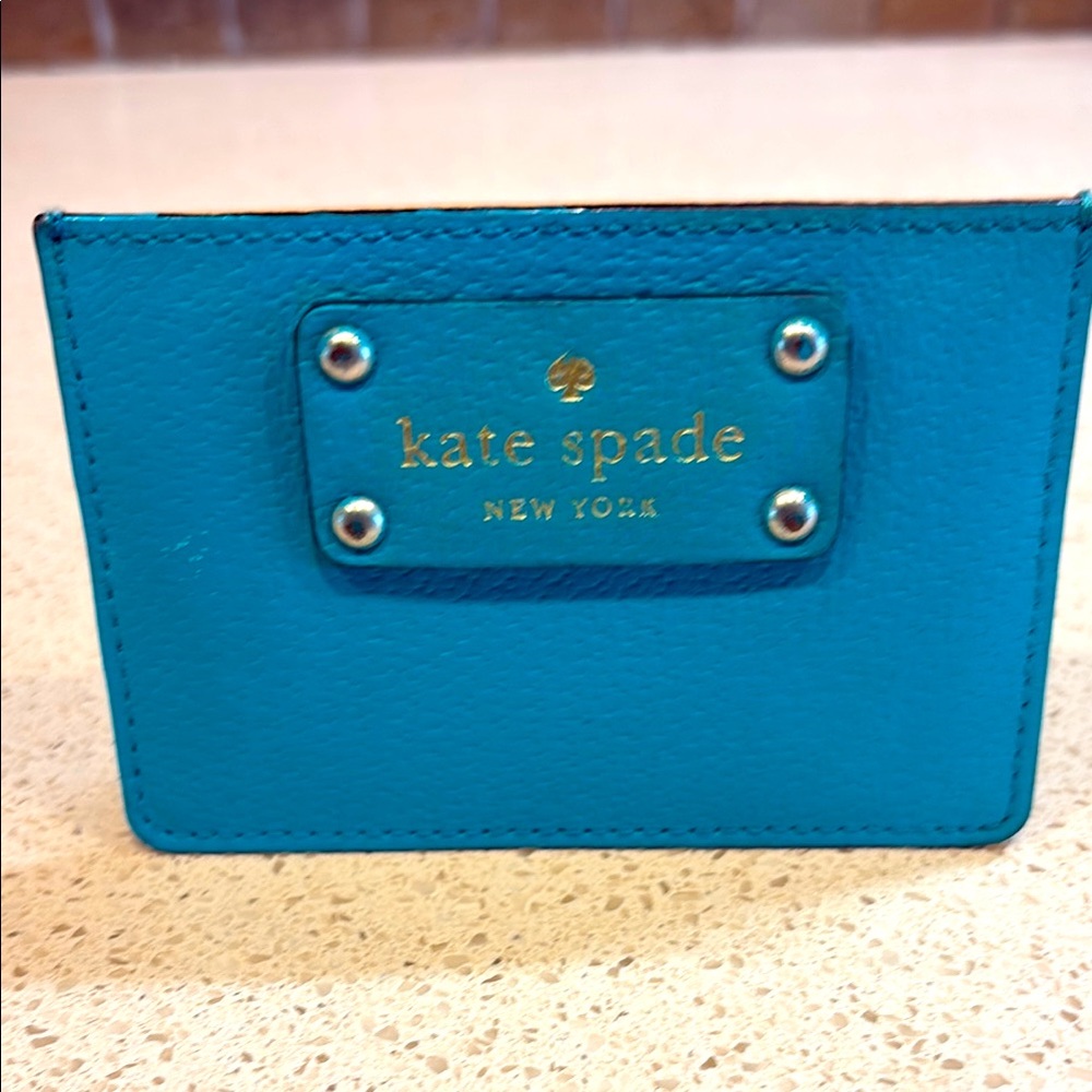 kate spade Madison Teal/Turquoise Blue Leather Card Holder with Gold Logo EUC